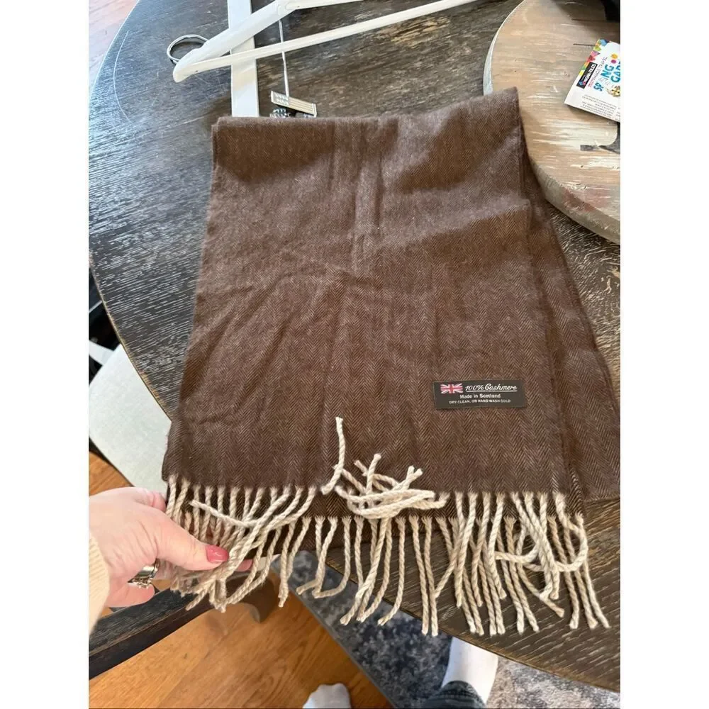 Brown Herringbone Scottish Cashmere Scarf NWOT